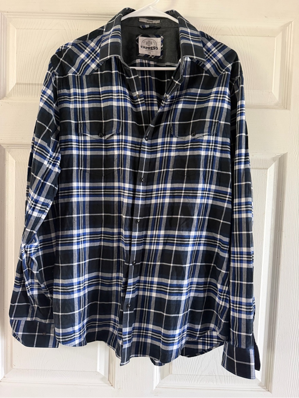 Express Men’s Black, Blue & White Plaid Button-Down Shirt